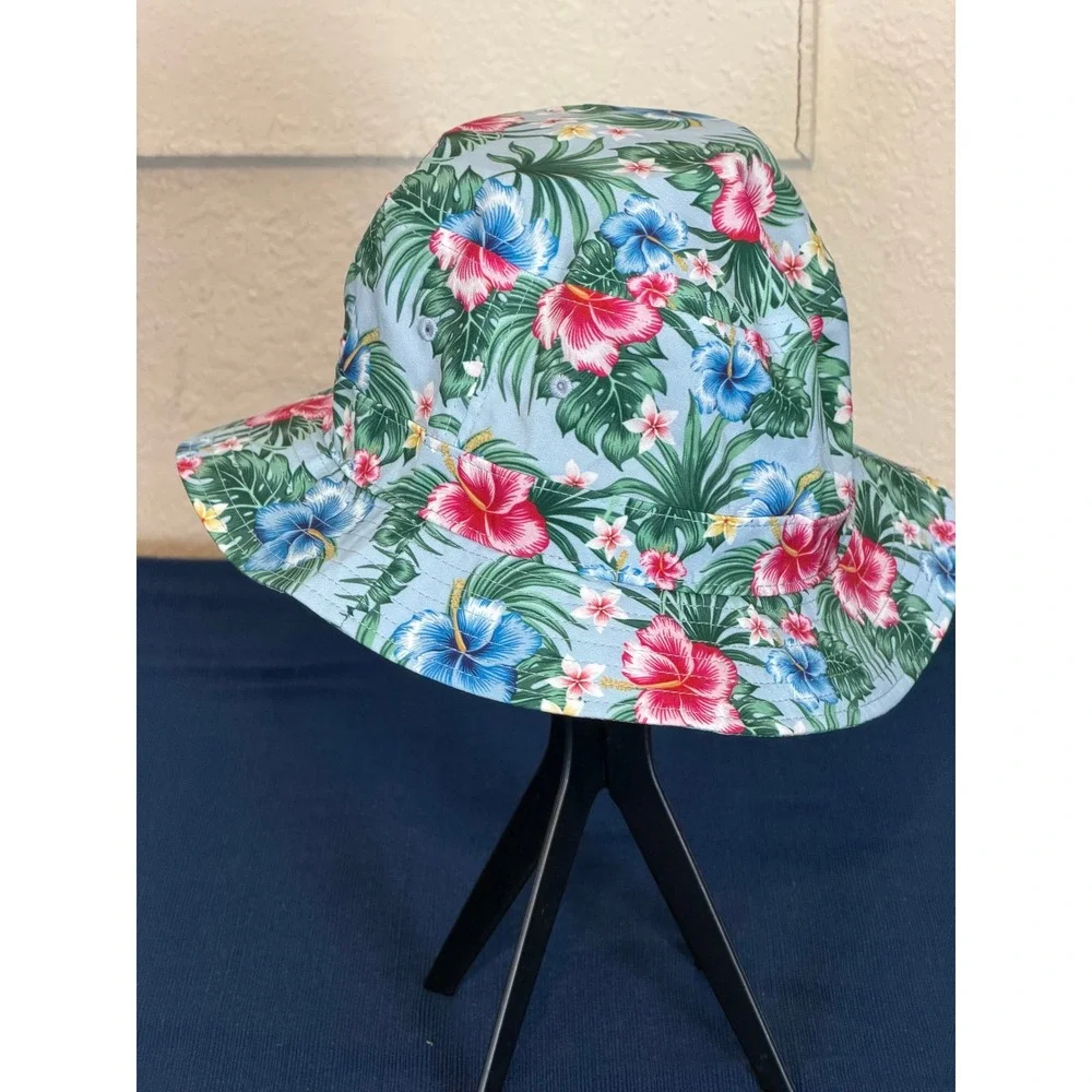 Bucket Hat OS Blue Tropical Hibiscus Floral Pukka Summer Beachwear Vacation Core